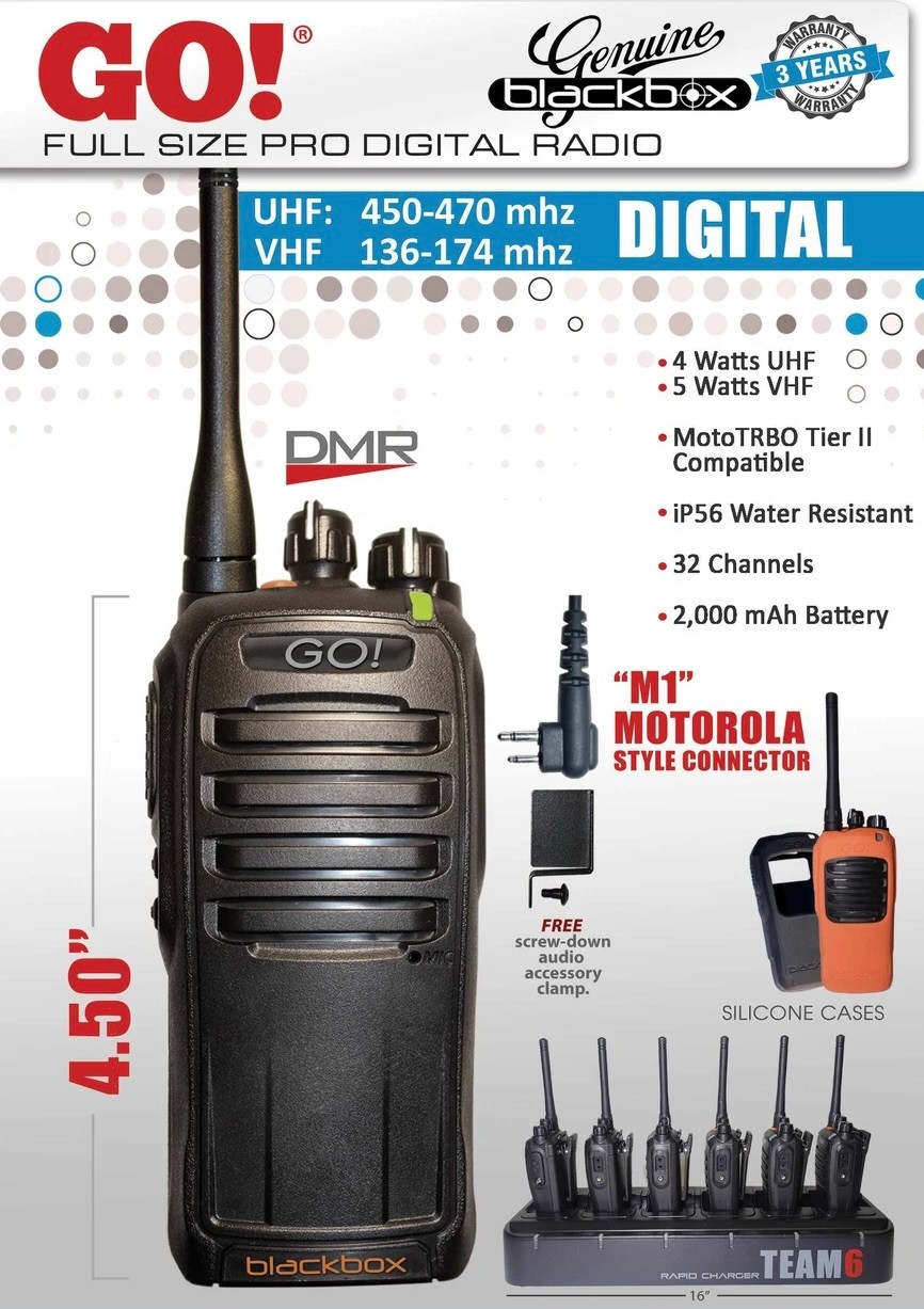 GO! Blackbox UHF/VHF digital radio with accessories and specifications displayed