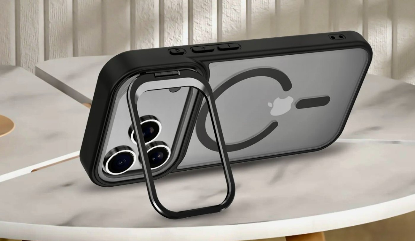 Black protective iPhone case with kickstand displayed on marble surface