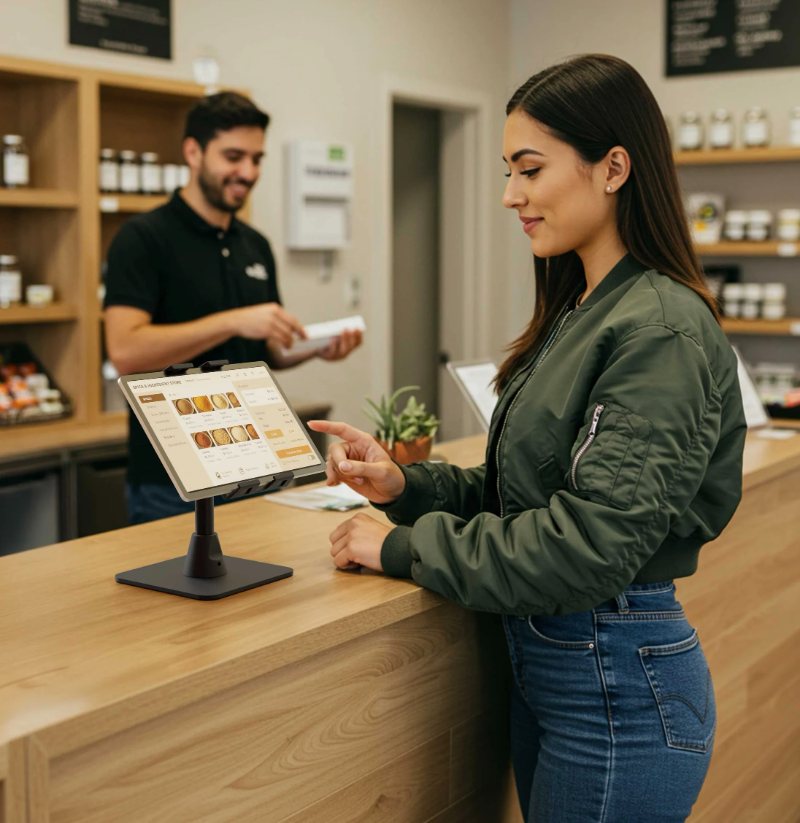 Woman reviewing product colors on tablet at retail counter with male staff member in background