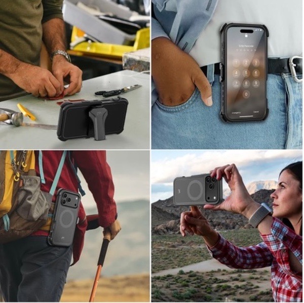Rugged phone case shown in four different use scenarios including workbench, pocket carry, hiking pack attachment, and outdoor photography