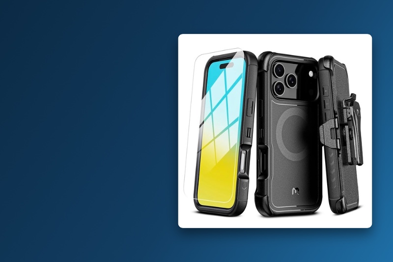 Black rugged phone case with built-in screen protector shown from multiple angles