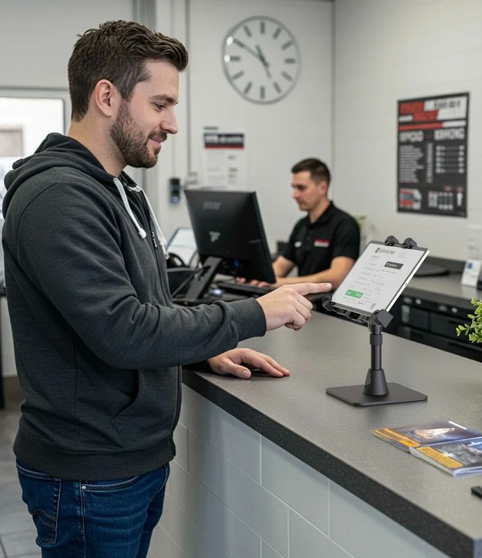 Man in dark hoodie holding tablet at counter in modern office with colleague in background